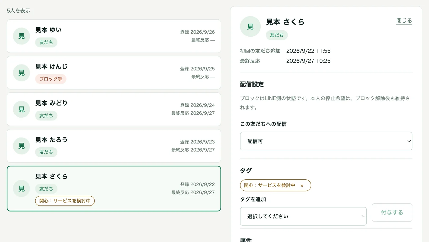 友だち管理の一覧とタグを確認できるカルテ